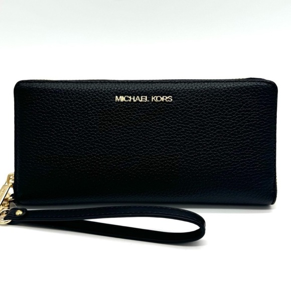 Michael Kors Large Continental Wallet Wristlet Black/Gold - Picture 1 of 10